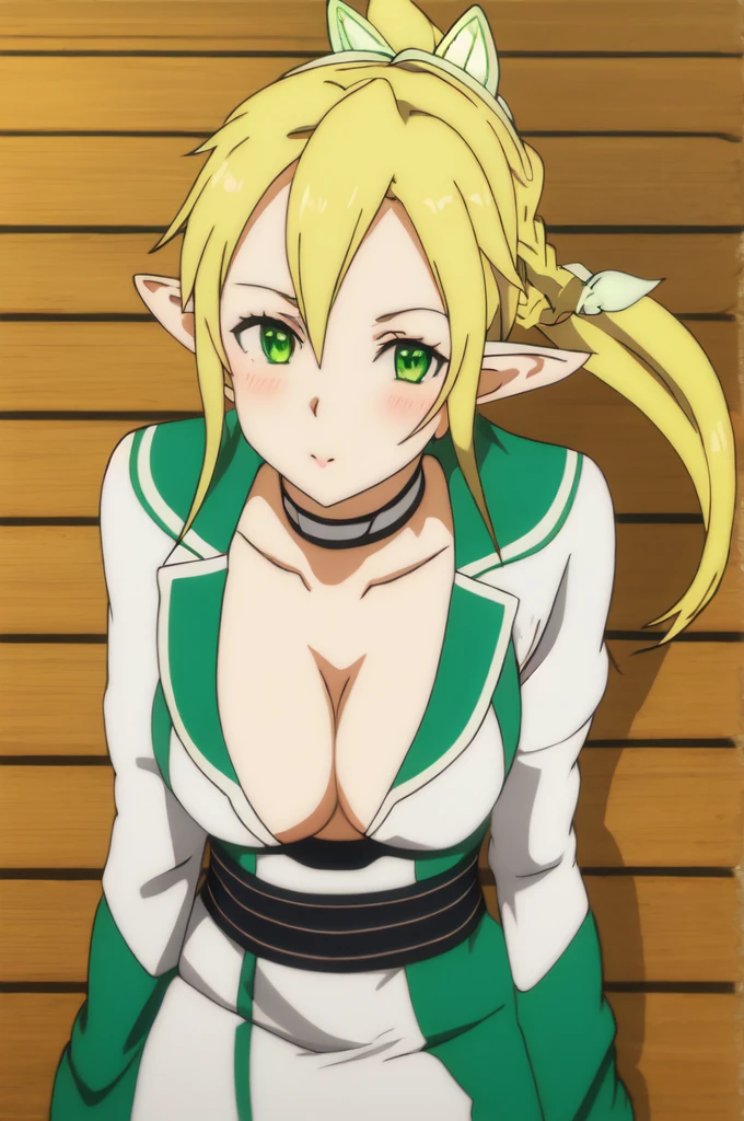 leafa, anime art style, 1girl, solo, long_hair, breasts, blonde_hair, cleavage, medium_breasts, green_eyes, upper_body, ponytail, braid, choker, pointy_ears, twin_braids, elf, side_braid, blush, shiny skin, cleavage, masterpiece, from above, looking at viewer, downblouse, sitting at bench