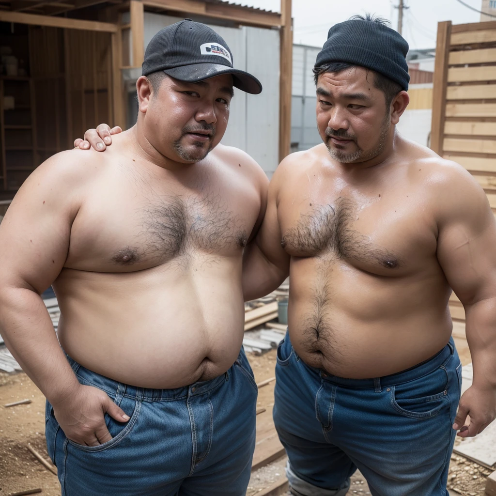 Male, Fat, Chubby, Asian, 50 years old, working in construction, Working, Stained, Dirty, Wet, not wearing a shirt, Shirtless, wearing a safety hat,