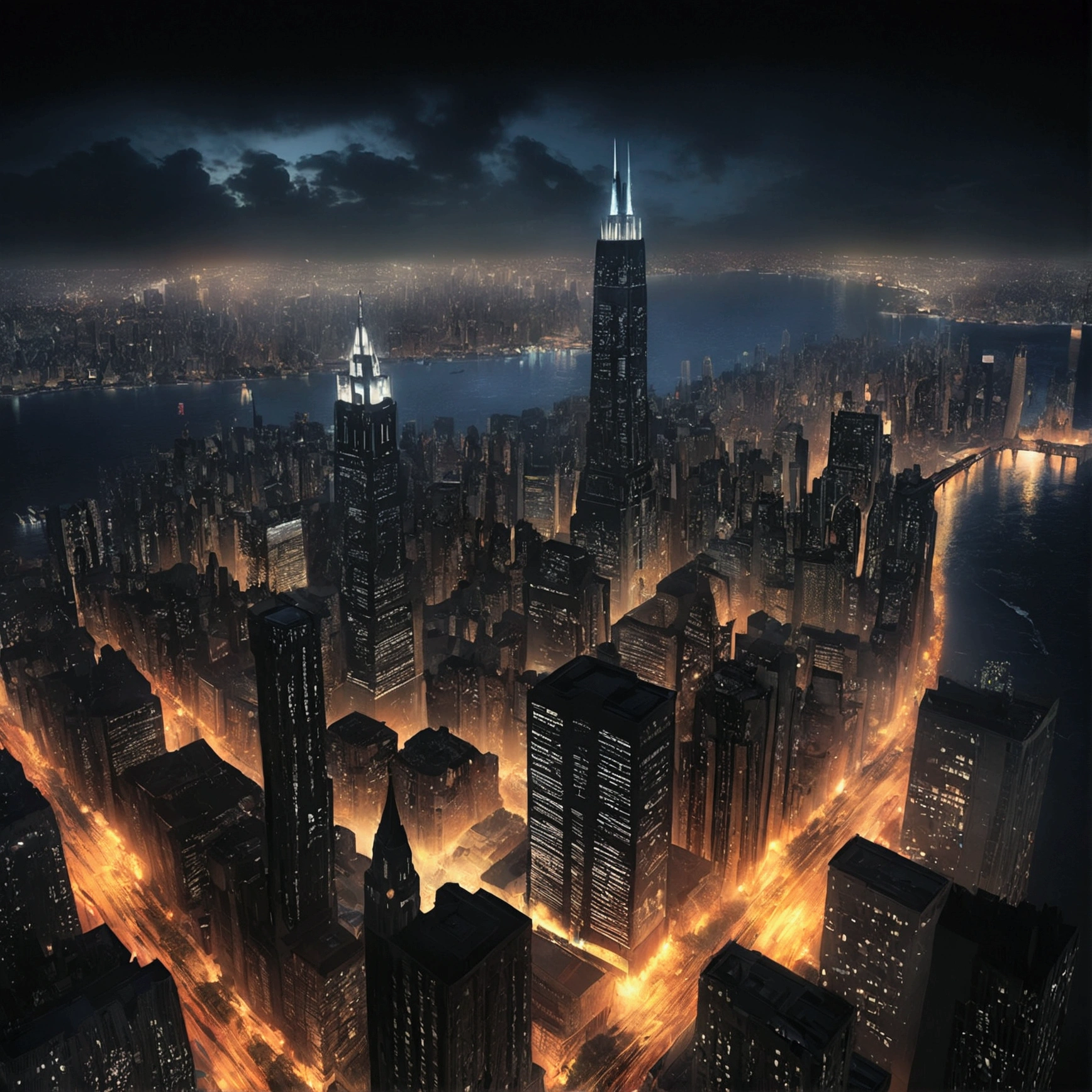 Gotham City at Night、Christopher Nolan Style、Drama and lifesaving、Dynamic, dark and scary atmosphere、Dramatic Light、Very detailed、Full of hidden details、Hyperrealistic、uhd画像、realism、カラフルなrealism、uhd、8k、Full body image、Long tail、