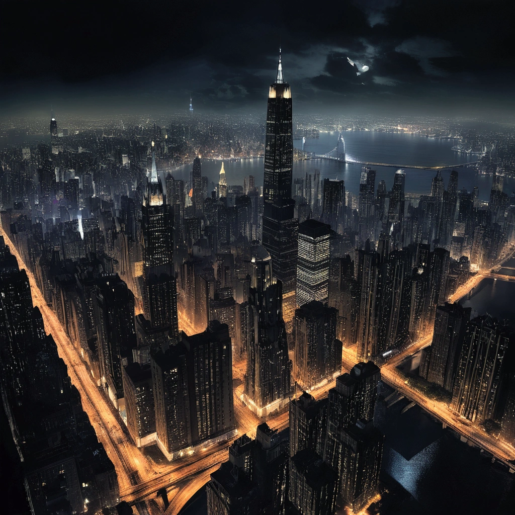 Gotham City at Night、Christopher Nolan Style、Drama and lifesaving、Dynamic, dark and scary atmosphere、Dramatic Light、Very detailed、Full of hidden details、Hyperrealistic、uhd画像、realism、カラフルなrealism、uhd、8k、Full body image、Long tail、