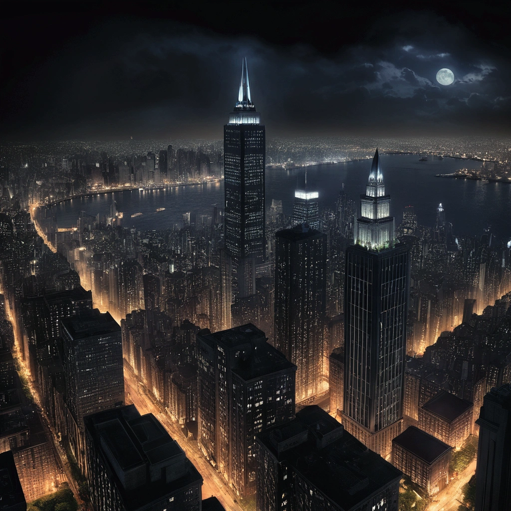 Gotham City at Night、Christopher Nolan Style、Drama and lifesaving、Dynamic, dark and scary atmosphere、Dramatic Light、Very detailed、Full of hidden details、Hyperrealistic、uhd画像、realism、カラフルなrealism、uhd、8k、Full body image、Long tail、