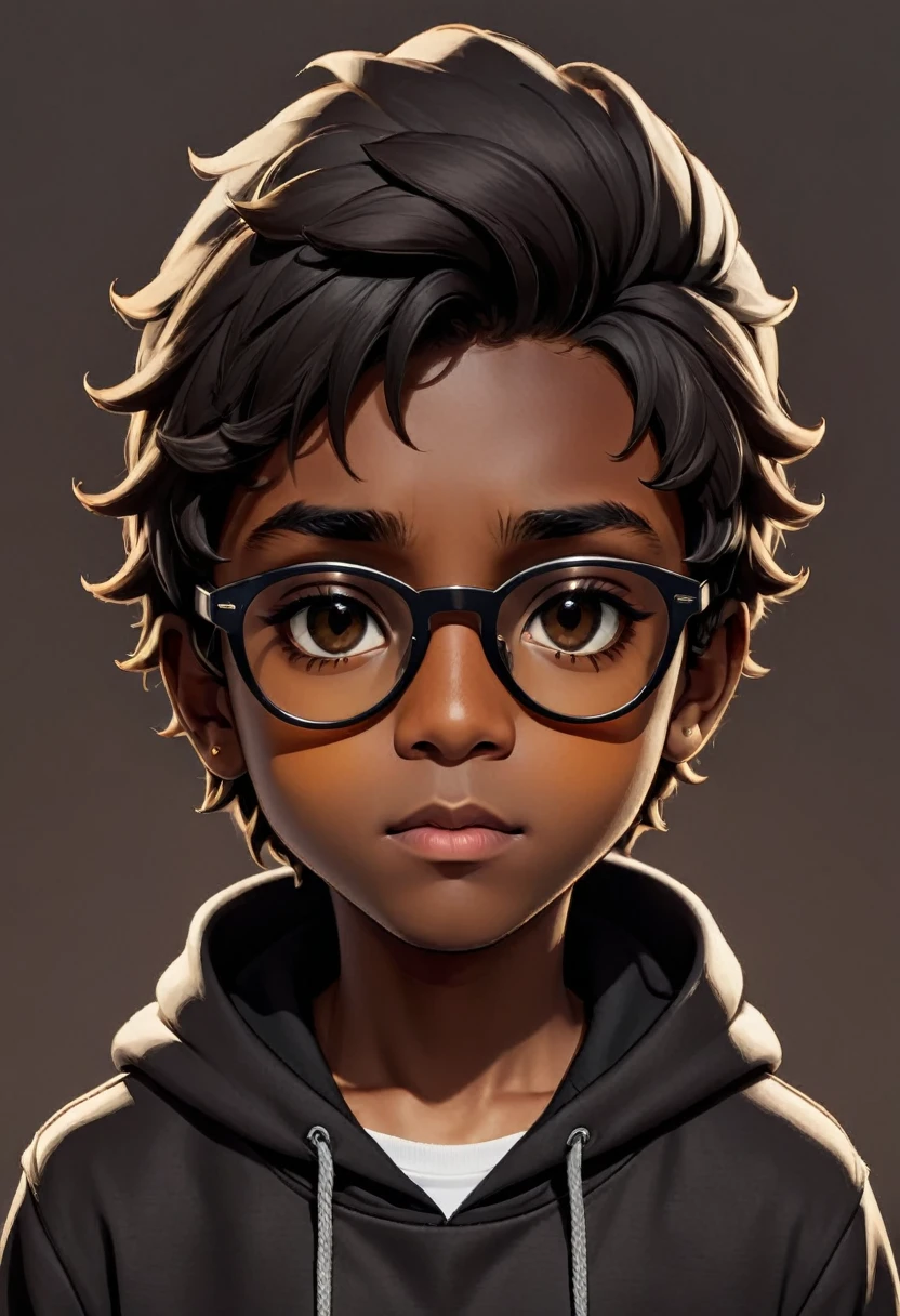 boy, dark skin, face patches,beige with black hoodie, hood, dark glasses, Brown eyes