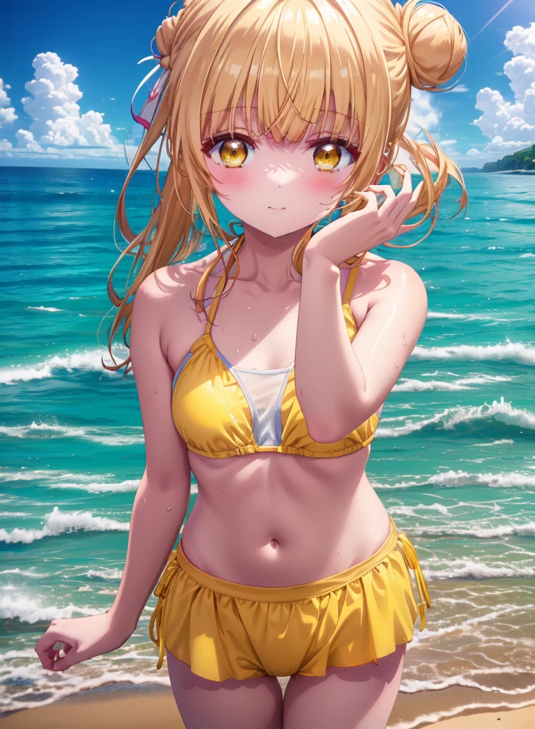 mahirushiina, Mahiru Shiina, Long Hair, bangs, Blonde, Brown Hair, (Yellow Eyes:1.3), smile,blush,Hair Bun, double Hair Bun,Yellow bikini swimsuit,barefoot,Water Play,Ocean,Sandy Beach,whole bodyがイラストに入るように,Wet Hair,Wet Skin,Wet swimsuit,
break outdoors, Beach,
break looking at viewer, whole body,(Cowboy Shot:1. 5)
break (masterpiece:1.2), Highest quality, High resolution, unity 8k wallpaper, (figure:0.8), (Beautiful attention to detail:1.6), Highly detailed face, Perfect lighting, Highly detailed CG, (Perfect hands, Perfect Anatomy),