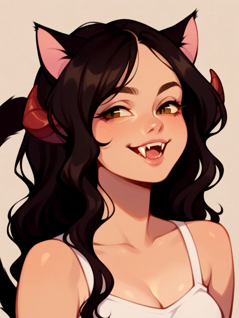 Half body, A beautiful woman, long wavy black hair, brown eyes, casual clothing, cat ears and tail, fangs, horns, sexi