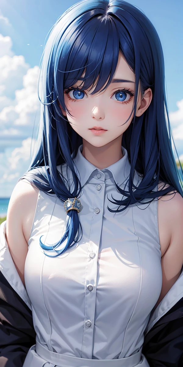 A close-up of a person with blue hair wearing a white jacket, Estilo アニメ 4D, rosto alto de アニメ com olhos azuis, !! full-featured cos portrait!!, アニメ, moe estilo de arte アニメ, single full-featured cos character, full-featured cos!!, アニメ full-featured cos illustration, personagem de estilo アニメ, full-featured_cos!!, full-featured cos model vtuber アニメ, souring blue color with affection of purchase