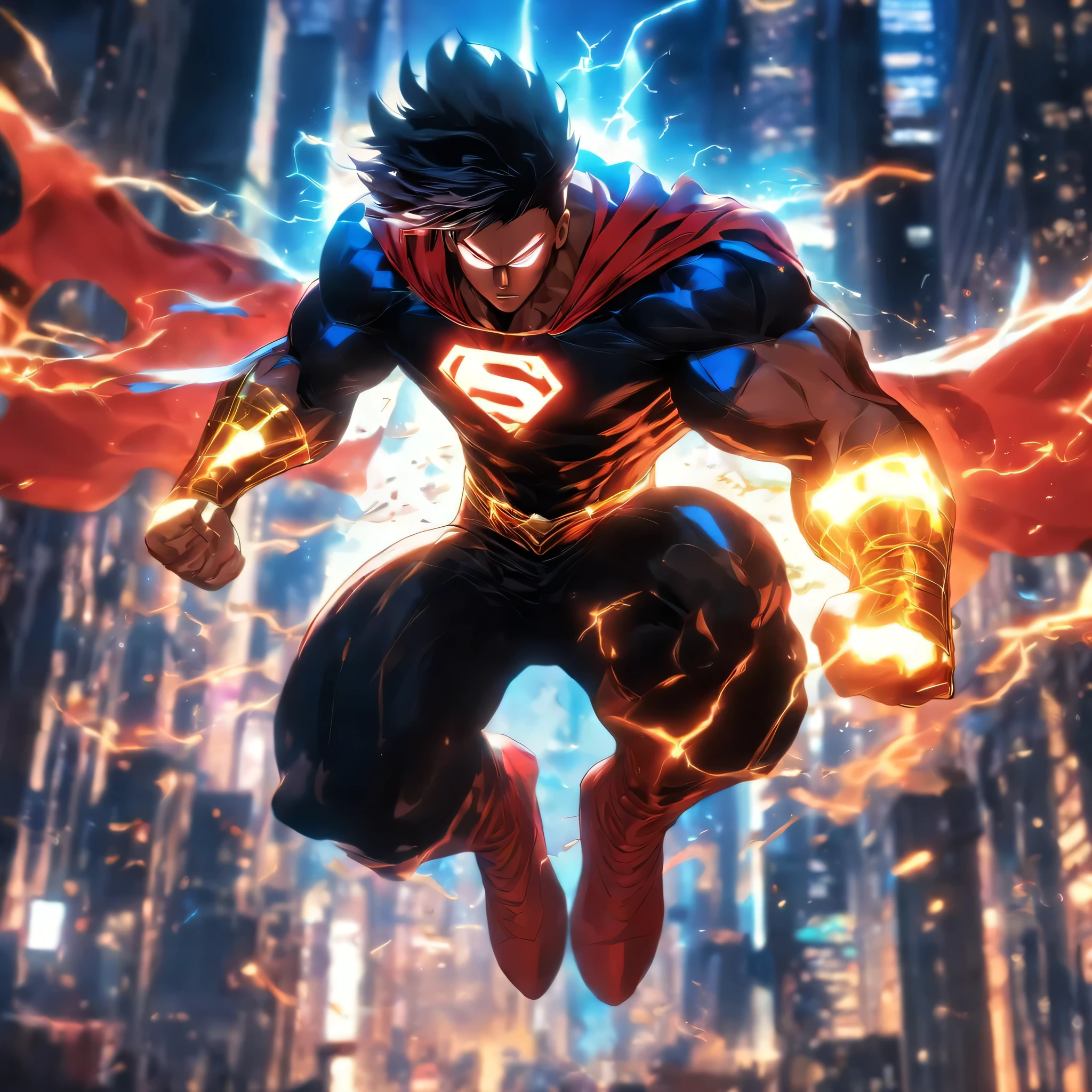 superhero, comic book character, muscular male figure, heroic pose, flying, cape, mask, glowing eyes, energy powers, urban cityscape background, cinematic lighting, dramatic shadows, bold colors, dynamic composition, digital art, intricate details, photorealistic, 8k, high quality, award winning