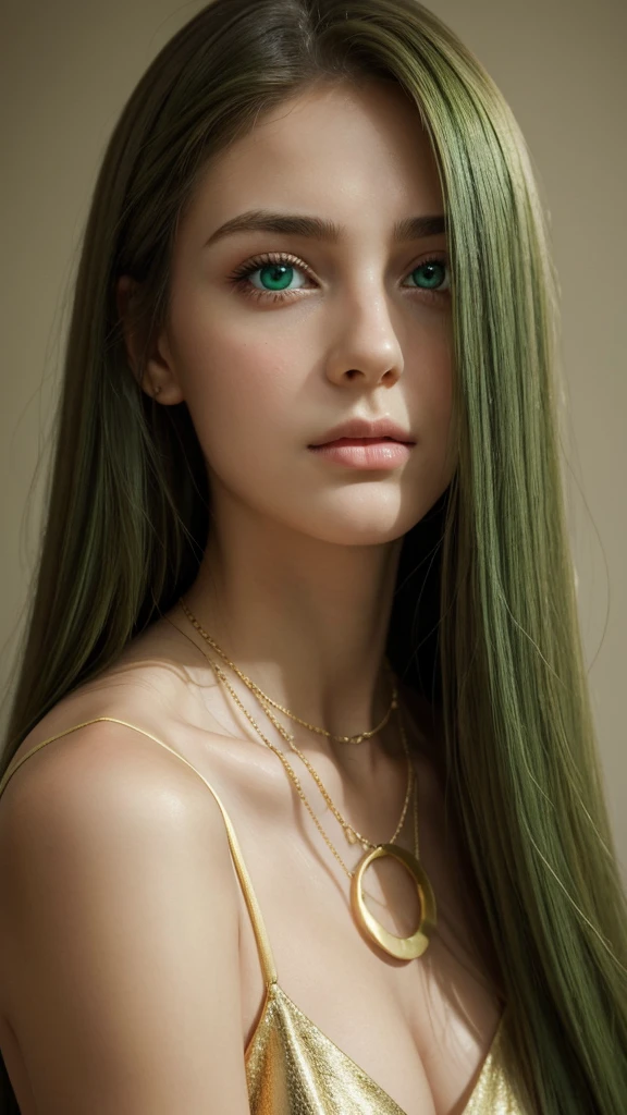 a girl.  face sent feeling.  Europe.  Oval face.  long face.  delicate facial features.  sad eyes.  seductively seductive.  green eyes.  long straight hair.  bouncy hair.  green hair like.  gold necklace around neck.  sad status.  shy expression