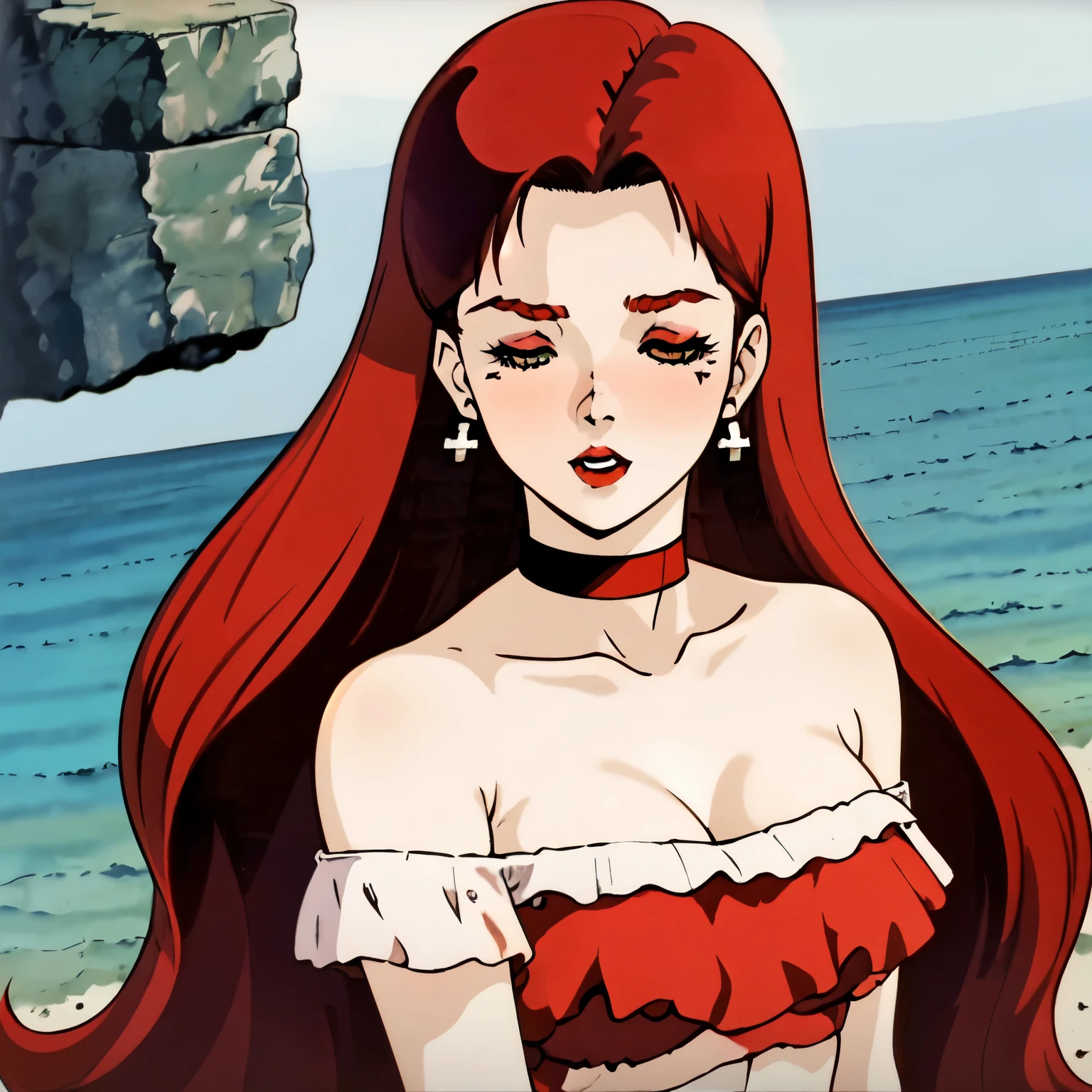 masterpiece,highres,high quality,nsfw,christinamackenzie,1girl, beach, earrings, bare shoulders, belly button, breasts, (red eyeshadow: 1.2), partially closed eyes, open mouth(1.1), horny, (red lips:1.1), choker, (face blush:1.1), (pale skin:1.2), (long hair:1.2),parted bangs,red hair,green eyes,