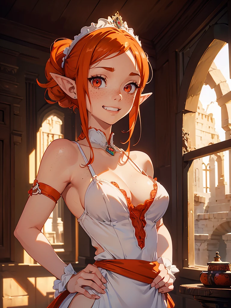 (masterpiece, high resolution,ultra - detailed:1.0),1 girl,Young and beautiful woman, ((freckles)),  long elf ears, eyes looking away from camera, ((grinning)), Perfect female body, (upper body), (medieval room), Extremely detailed CG,Unity 8k wallpaper，Complicated details, solo person, (red eyes), diamond shaped eyes, medium hair length, (orange hair), ((sexy red and white one_piece lingerie)), short maid apron, bare_shoulders, NSFW, diaphanous outfit, exposed breasts, cleavage, (hands on hips), cameltoe, happy, marble castle walls,(desert design),Portrait,color difference, Depth of field,dramatic light, Ray tracing, Best quality, Cinematic lighting,offcial art, I