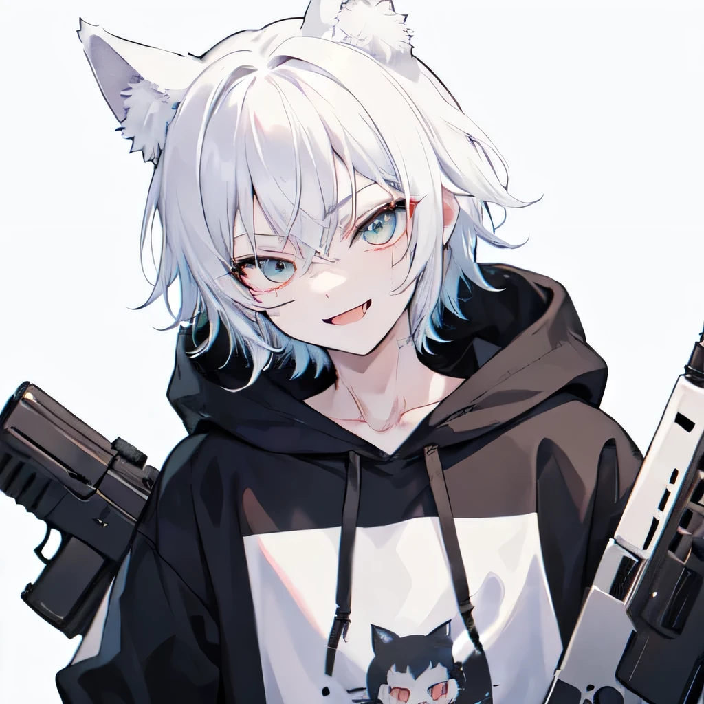 1Boy, Boyish, Catboy, Fangs Showing, Ultra-detailed Ice-colored Dragon Eyes, Eye-focus, Snow-White Hair, Head Shot, Cute Expression, Tight Hoodie, 1 gun, Smug smiling face, Plain Background