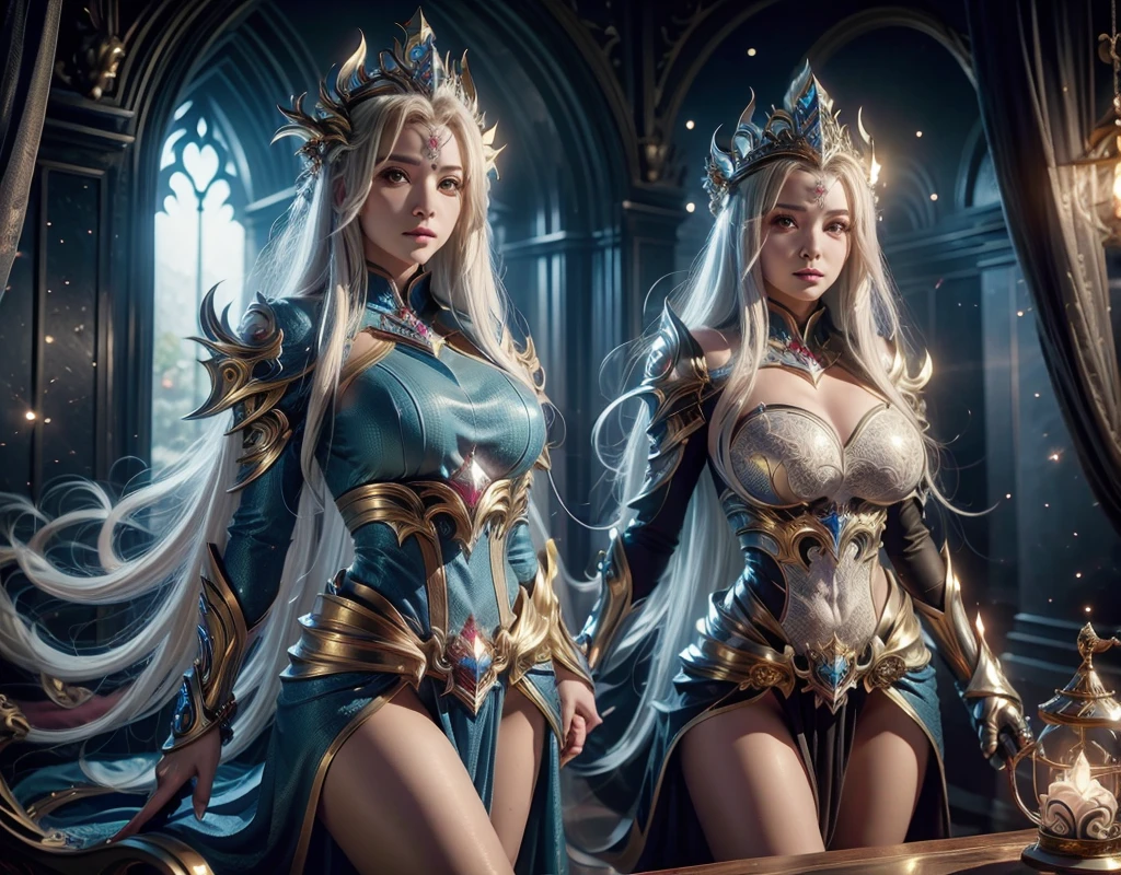  A goddess with long white hair, golden crown with shiny magic crystal, wearing a blue costume of a futuristic paladin-powered sorceress
 with fine gold accents, on a large tree lying in front of me. Details:1.2) 4K ultra-HD, digital SLR, soft lighting, high quality, 