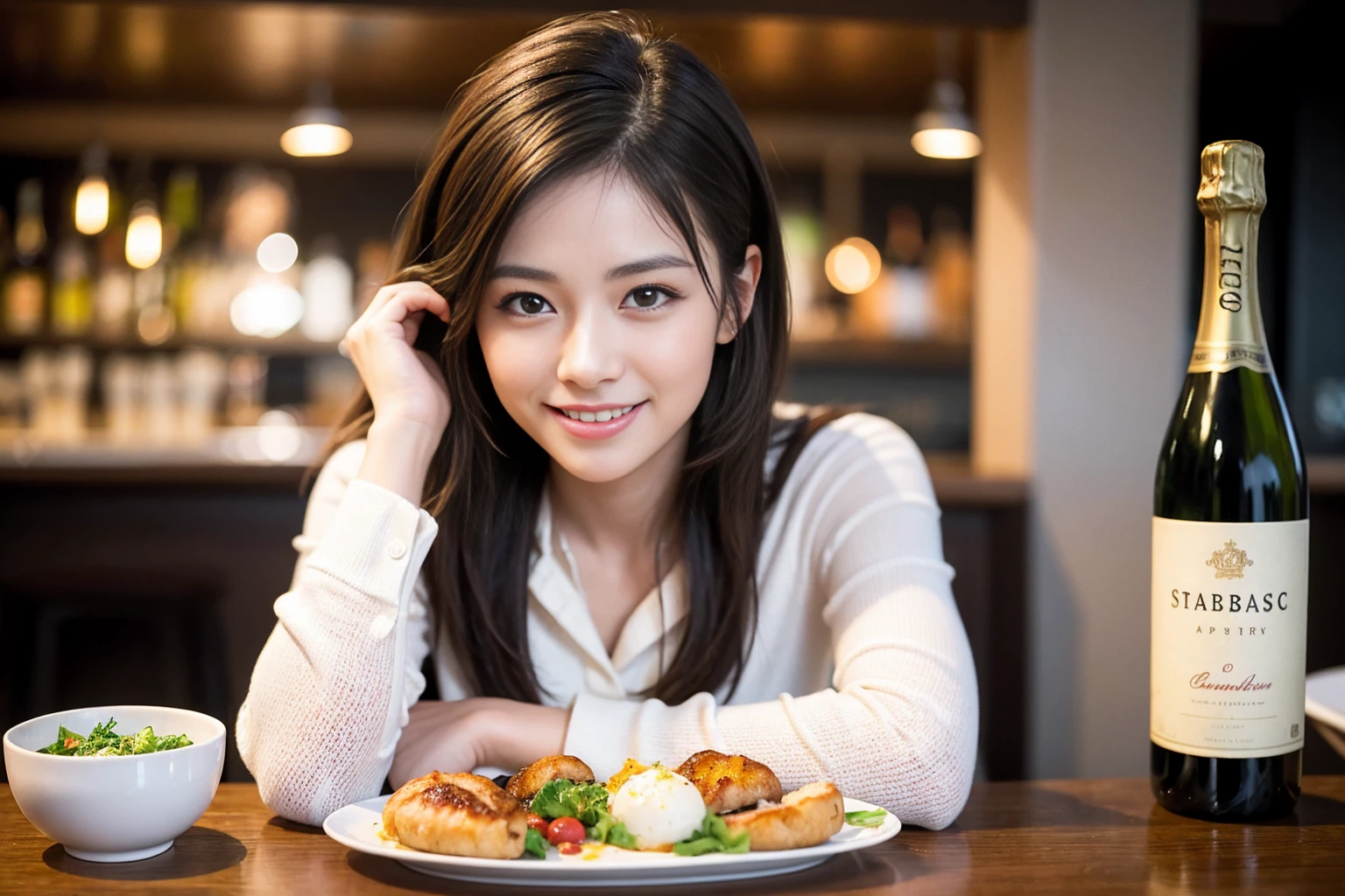 ((Highest quality、8k、masterpiece:1.3))、Shortcuts、cute、slimカップル、modelカップル、actress男優、(Realistic, Intricate details:1.2), full-course dinner、Wine Party、Amazing view of the sunset sky and clouds、A bright smile、short hair,Bright Face、 (Age 45), 42 years old, red wine 、Appetizers、Italian food、Wine bottle、Champagne、sparkling wine、Two beauties、Brown Hair、Shortcuts、Long sleeve shirt、dress、Beautiful woman 1, (slimな顔), (The body is slim), (Brown Hair), (Shortcuts), cheeks turn a little red,Attractive beauty、restaurant, In a prominent place (From the waist up) Nova Frog Style, actress, model, Upper Body, White wine, slim, wine glass, 中央に置かれたwine glass, smile, (smile: 1.15), Beautiful fine grain, Depth f/2,saturation, High Contrast, Strong light and shadow,Moist Body:1.5、3D texture、Delicate eyes、Brown Hair、The hair is very shiny、