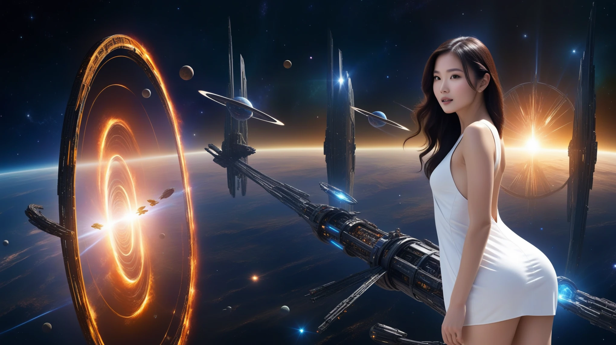 dark space of the universe, large artificial high-tech ring gate flies through space and time, flying sci-fi vehicle, cosmic light and the ancient energy of the Universe burst out from the depths of these gates and transport the viewer to other worlds, where it's light and cozy, sci-fi. (((1girl, solo, alone))), large-breast:1.2 slim body, cleavage:1.1, sexy elegant miniskirt, (((headphone, black sunglasses, standing and holding pistol pose))), (((half-body thigh level medium shot))), cinematic lighting, lens flare, ray tracing.
