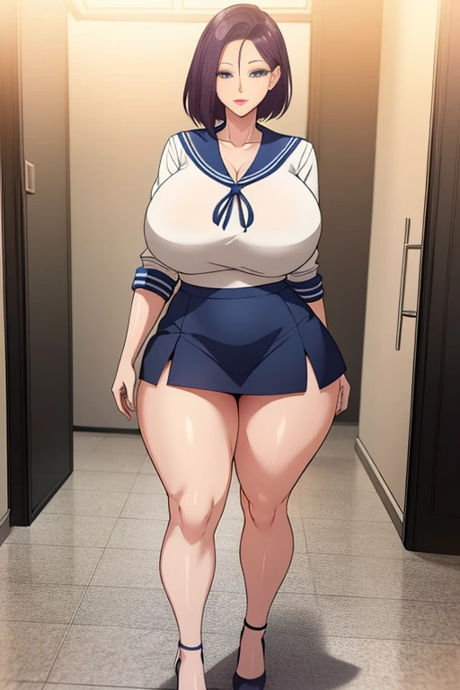 ((best quality)), ((masterpiece)), (cartoony style), perfect face, male character, ((femboy)), cute boy, (japanese schoolboy), (japanese school light blue summer sailor uniform), wet clothing, ((light brown thin skintight bike shorts)), white long socks, ((short height)), (bottom heavy), ((big butt)), wide hips, ((thick plump thighs)), ((visible penis bulge inside bike shorts)), (erect nipples under shirt), (flat chest), small breasts, (slim belly), fair skin, (short brown hair), big hazel eyes, ((detailed eyes)), red cheeks, blush, (smug smile), ((bratty expression)), ((sweaty)), steaming breath, aroused, (japanese school classroom background), lewd pose, cute pose, sexy pose, full body visible