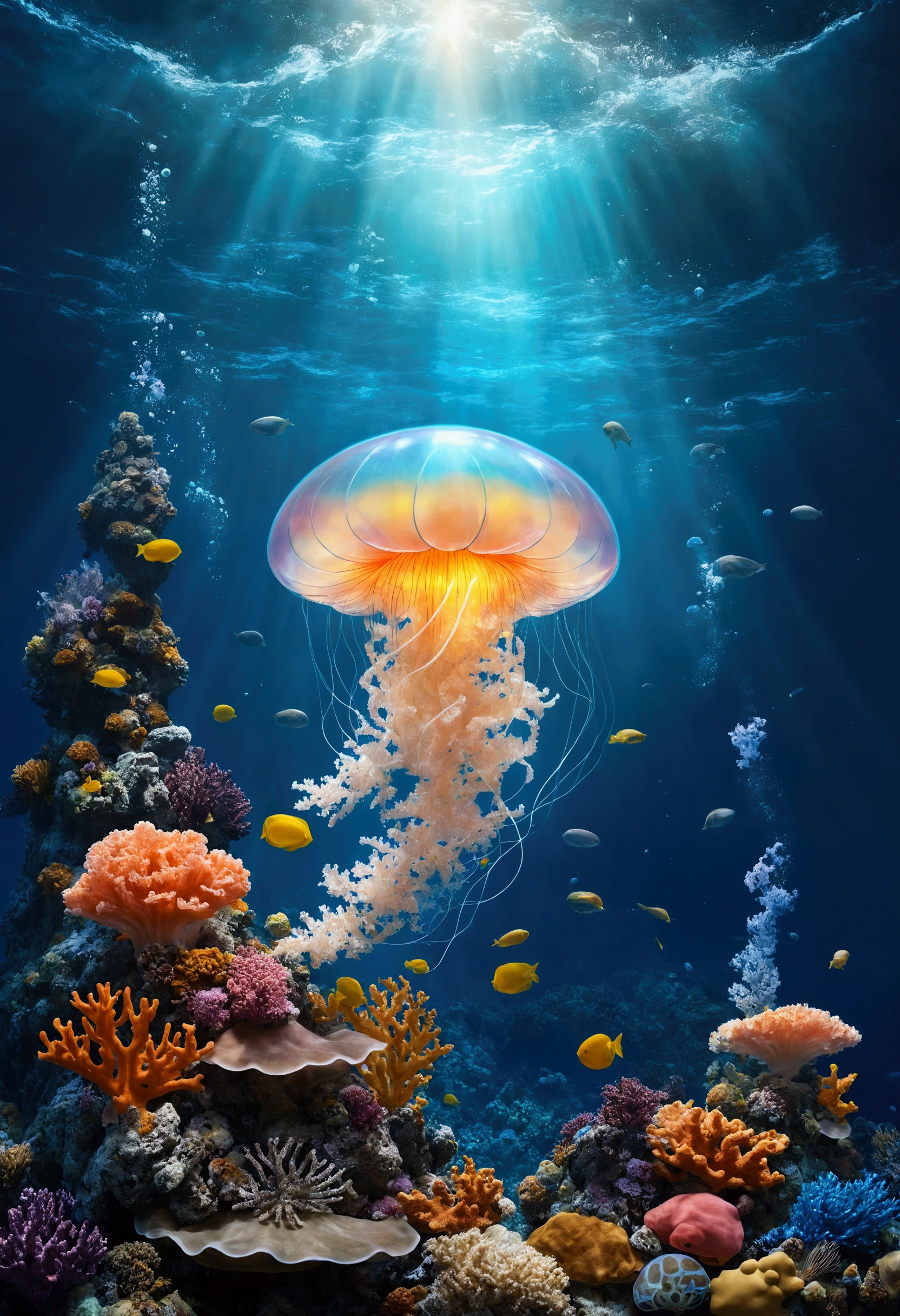 (masterpiece)、(Highest quality)、Very detailed、(In the water:1.4)、Ocean、Coral Reef、Light、Bubble、jellyfish、Oceanの藻、(深Ocean:1.4)、Fantasy、Ocean底、Floating objects