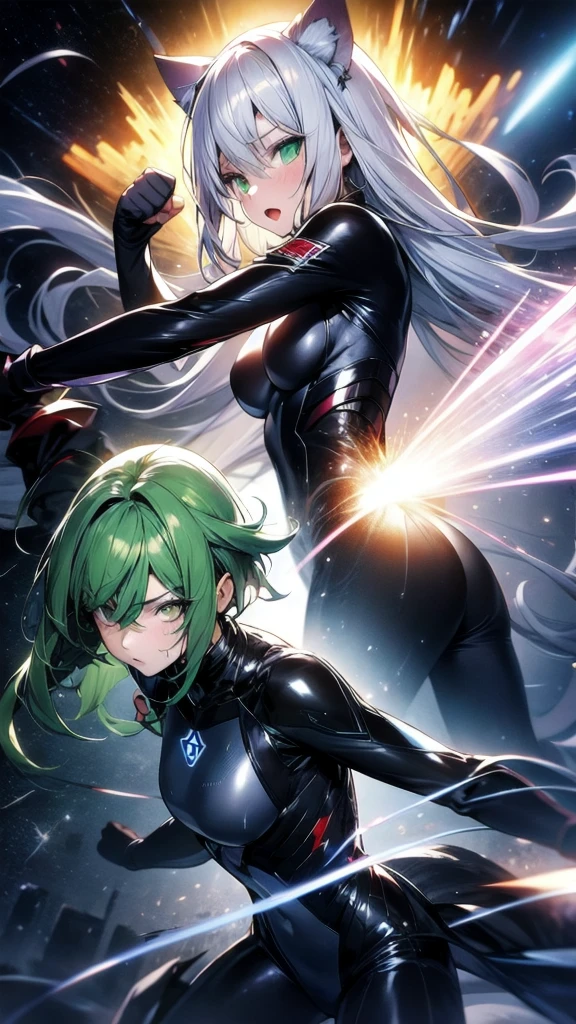 A silver-haired beautiful girl with cat ears eyes are green hair is silver and long clothes: a form-fitting black combat suit The fist is an afterimage The background is a city at night her is in a cat-like fighting pose The year is 14 years monitor, Dark Night, Sweat, Steam of Exhalation, Space, Battle, Dynamic Angle one girl
