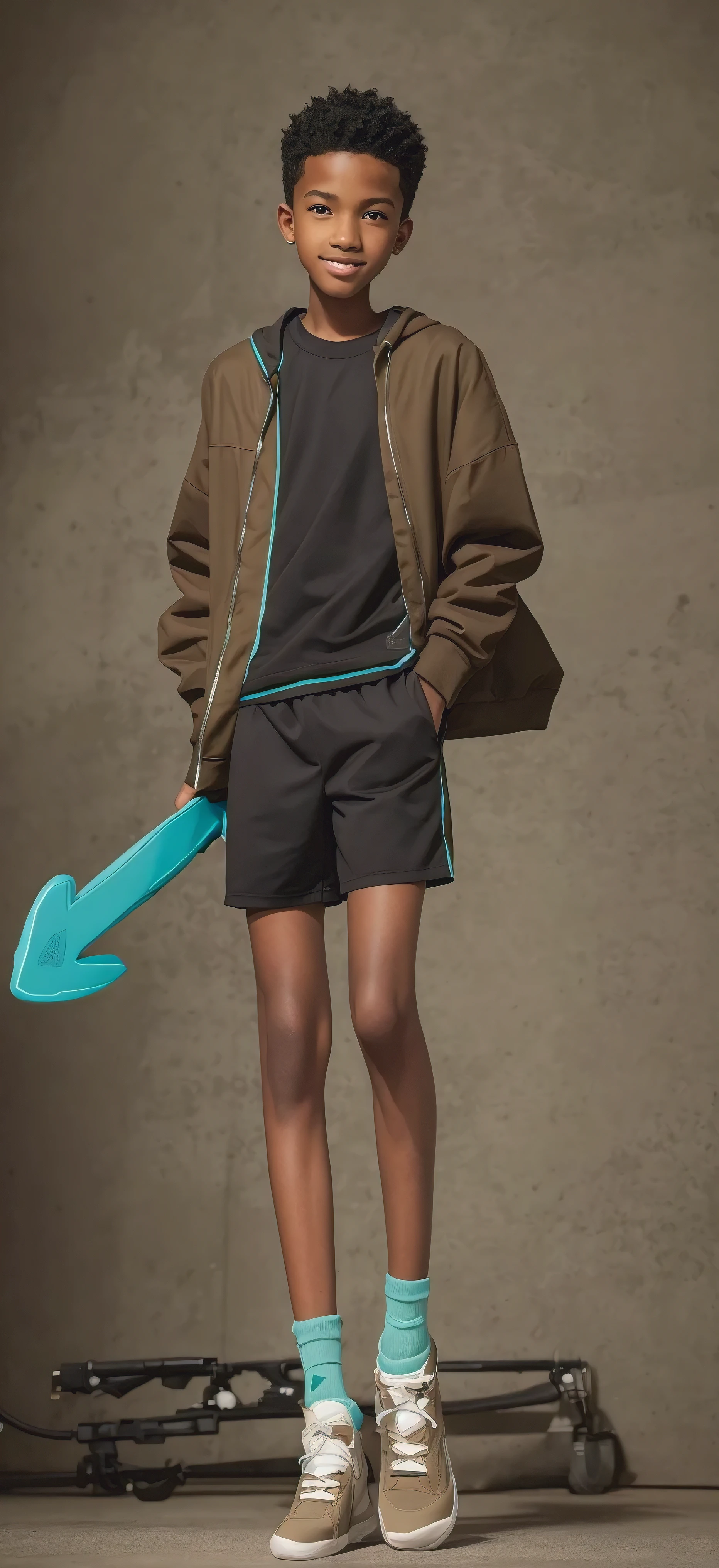 14 year old boy,Light brown skin,Blue sports shorts,Bright neon green top,High-top board shoes,Big round eyes,Very short hair,Tall and skinny,full-body shot,A junior high school student holding a weapon,Toothy Smile,best quality