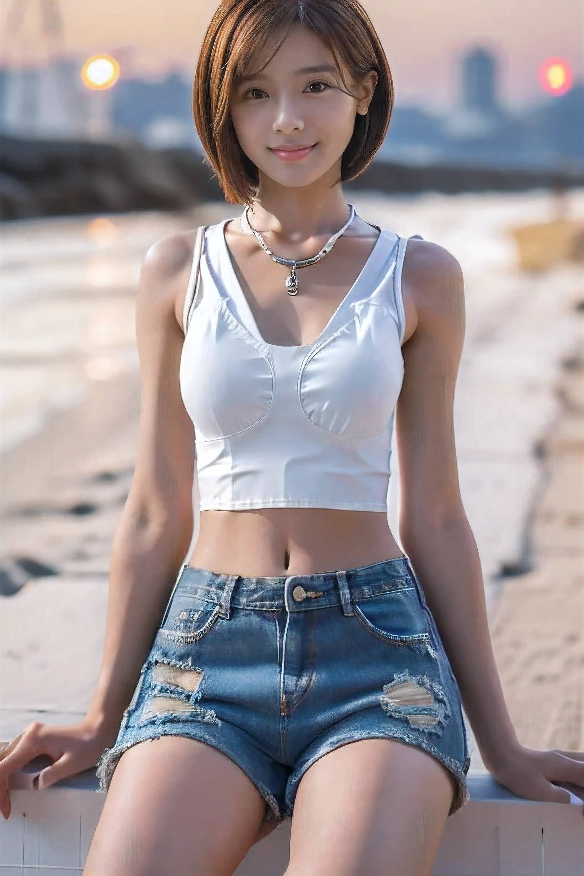 (Sitting on the beach watching the sunset:1.5)、(A kind smile:1.5)、(18-year-old female:1.5)、(The best quality at its best:1.4), (Super detailed), (Very detailed CG unified 16k), Beautiful woman with perfect figure: 1.4, Sharp focus: 1.2, Very detailed, High-quality RAW color photos, Professional photography, Great face and eyes, cosmetics, (Amazingly beautiful girl), ((Denim shorts and a white tank top:1.5)), Realistic movie faces, Full body long view from head to toe, Realistic, ((Realistic natural orange red hairstyle)), ( Short Bob Hair:1.5), (necklace:1.5)、, Very beautiful face, Perfect model beauty, Mouth swelling, Highly detailed face and skin texture, Fine grain, double eyelid, Medium chest, (masterpiece), Highest quality, High resolution, Very detailed, Blurred Background, Depth of written boundary, Cinema Lighting, Great legs, , Clear, well-maintained skin,((Full body shot from head to toe:1.5))