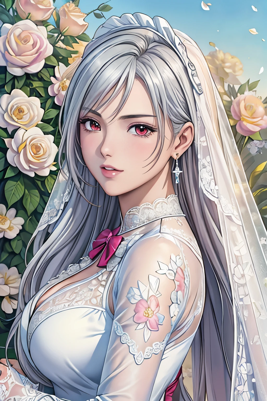(masterpiece, top-quality, top-quality, Official art, Beautifully Aesthetic:1.2), red eyes, (highest quality, masterpiece painting:1.3), immature woman, , (half body shot), masterpiece, ultra high resolution, (((bridal veil, lace-trimmed dress, see-through, wedding dress, outdoors, white roses, (long sleeves:1.2), pink bow,))), Decorative panel, abstract art, (shot from a side angle), (Photoreal:1.0), ((light silver hair)),straight hair, beautiful shining hair, white and shining skin, Painterly, sketch, Texture, 超A high resolution, solo, Beautuful Women, A highly detailed, (Fractal Art:1.1), (colourfull:1.1), (florals:1.6), The most detailed, (Zentangle:1.2), (Dynamic Poses), (Abstract background:1.3), (shinny skin), (Many colors:0.8), (earrings:1.4), (pluma:0.9), Taisho romance,