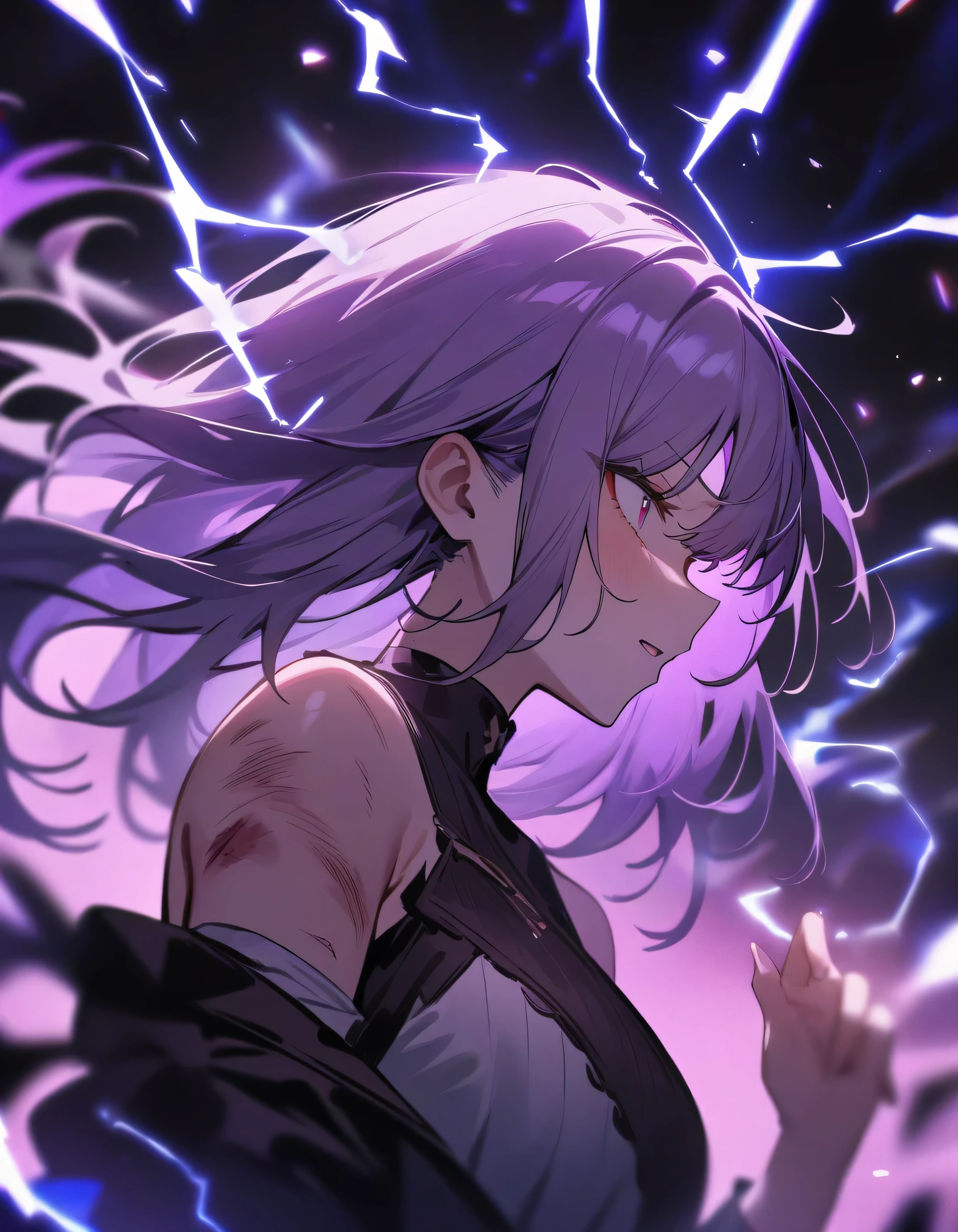 1 girl, female focus, injury, electricity,, masterpiece, highest quality, so beautiful, disorganized、purple hair、gray hair、