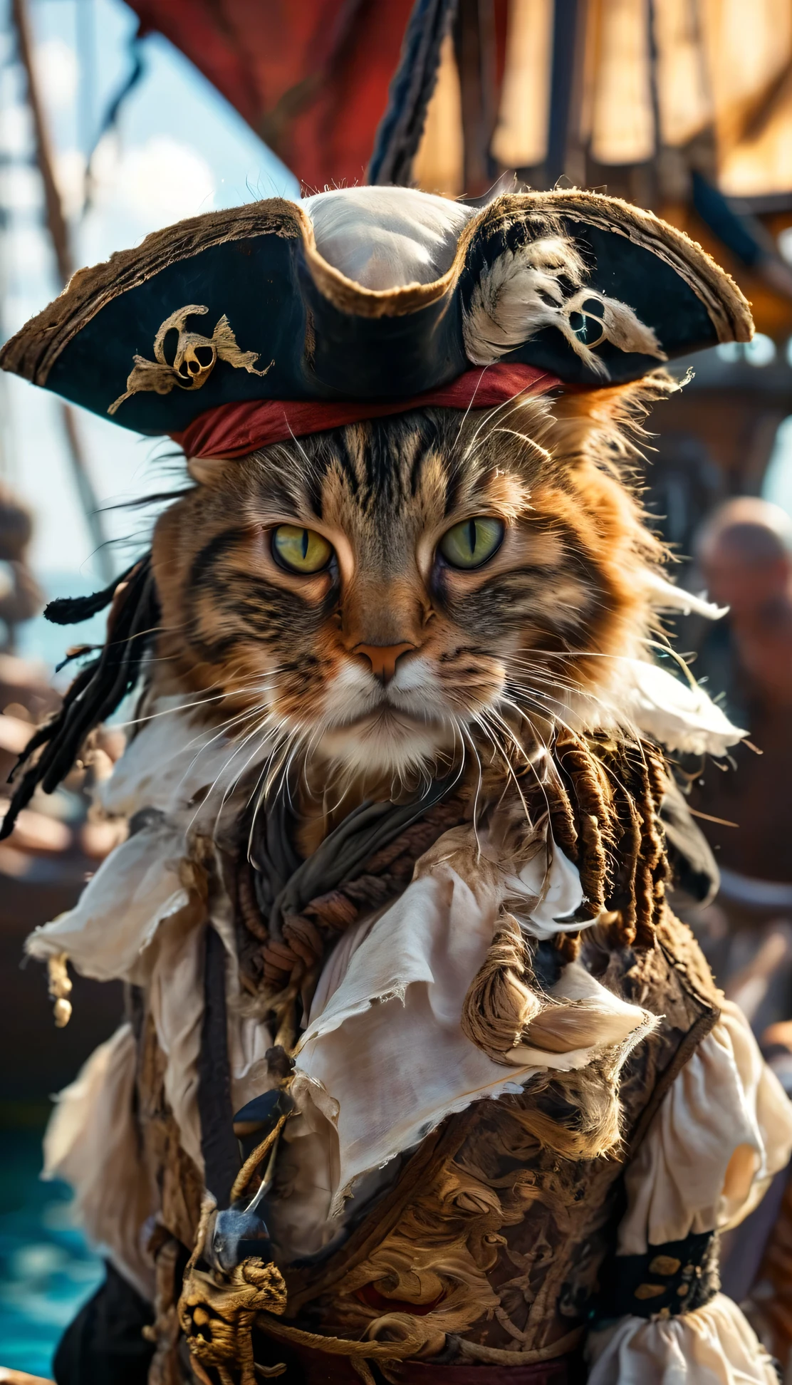 jack sparrow style cat image, pirate cat, jack sparrow, scene from a movie, clear photo, realistic photo, small details, realism masterpiece, best quality, high quality, highres, ultra-detailed, Aboard a pirate ship
