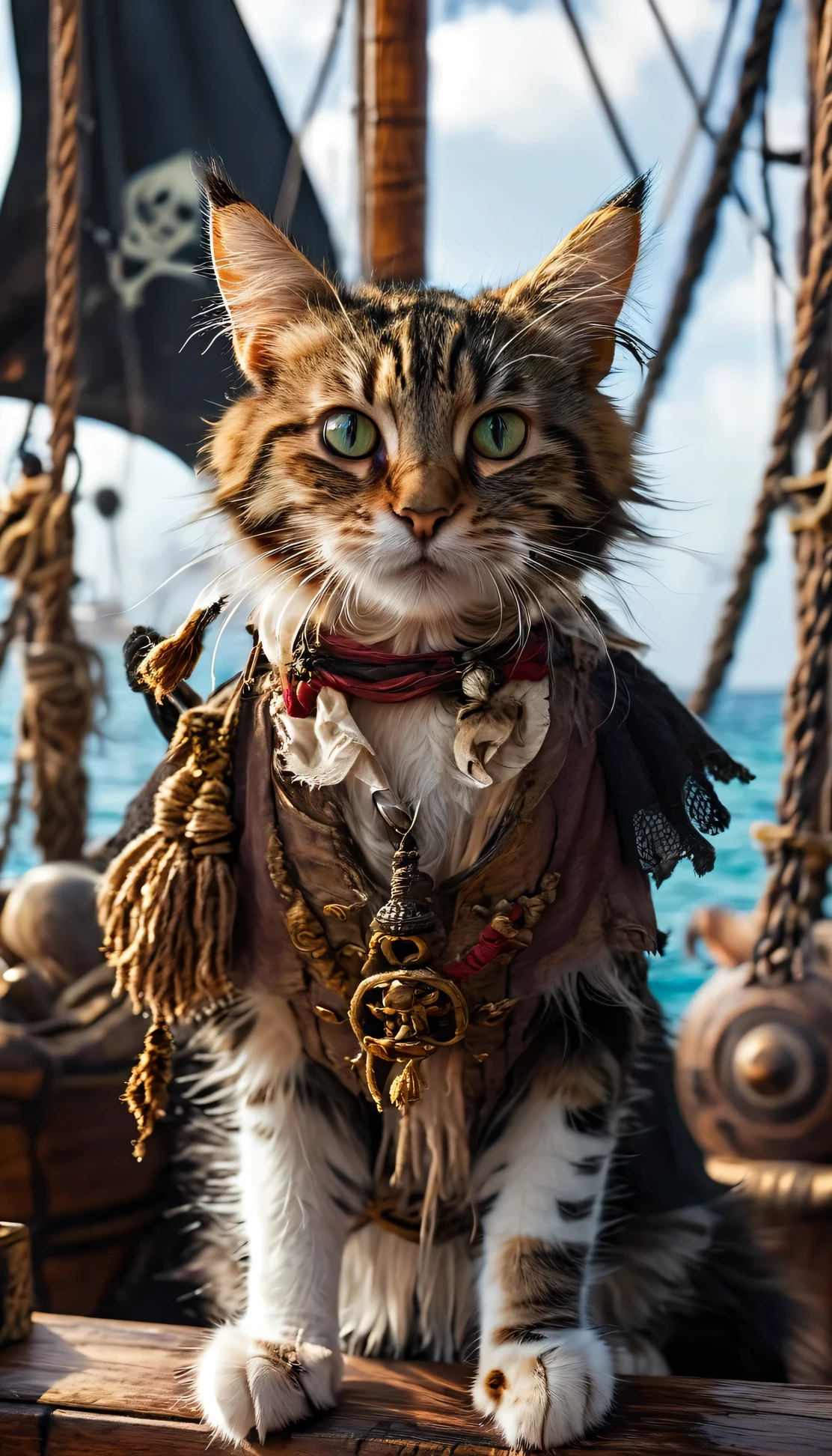 jack sparrow style cat image, pirate cat, jack sparrow, scene from a movie, clear photo, realistic photo, small details, realism masterpiece, best quality, high quality, highres, ultra-detailed, Aboard a pirate ship