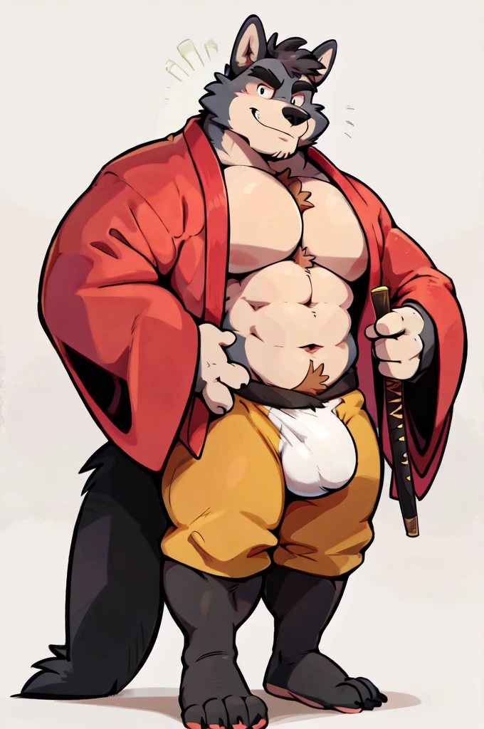 Wolf, By Haps 1boy, abs, animal ears, bara, bulge, full body, white background, Seminude, Kimono, side, Standing, feet, holding Katana,