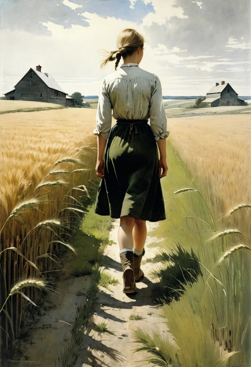 This Andrew Wyeth - The Art of Andrew Wyeth is a serene scene depicting a rural farm morning, with a muted floral palette and dry brush technique creating a sense of calm. A field with young green wheat, along which a girl walks, touching the wheat with her hands. Dietary composition, ideal anatomy.