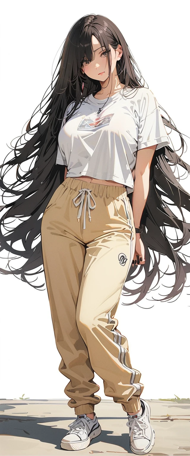 20 years old,1 mature woman,hyperrealistic, 8k, (extremely detailed 8k), (very delicate and beautiful), (masterpiece), (better quality:1.0), (ultra high resolution:1.0), (masterpiece, best quality),cute,black hair,white background,realistic skin,model posing,big breasts,expressionless,hair over one eye,black nail,extra long hair,Sweatpants,full body,arms behind back