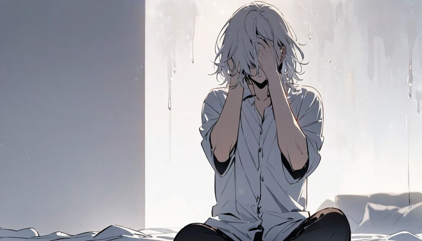 Man, fluid dripping from upper body, mixed black and white hair, hair covering eyes, handsome, alone, stays for a moment, full body, women's shirt, plain white room