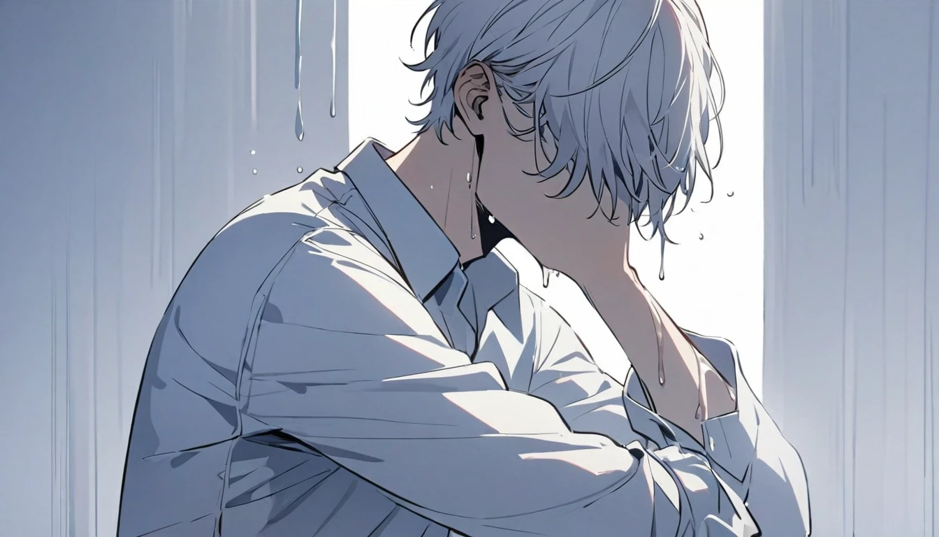 Man, fluid dripping from upper body, mixed black and white hair, hair covering eyes, handsome, alone, stays for a moment, full body, women's shirt, plain white room