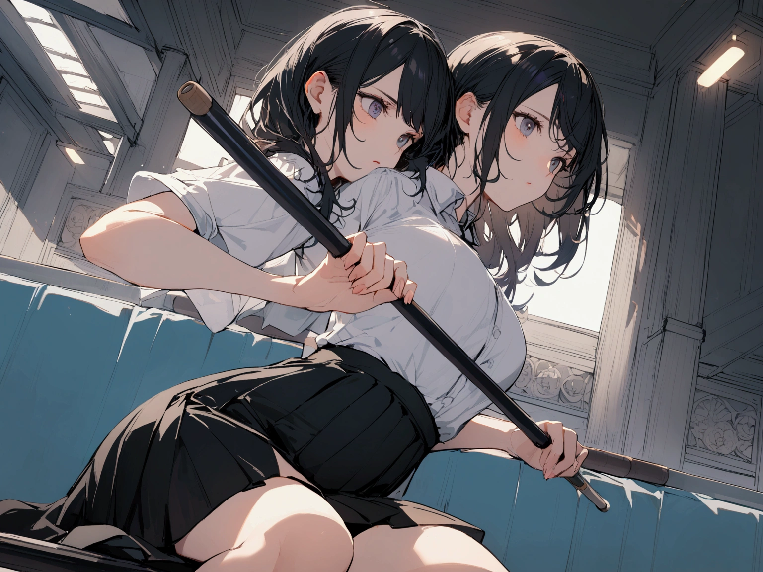 A woman holding a pool cue,Wearing a white shirt and black skirt,Black knee-length skirt