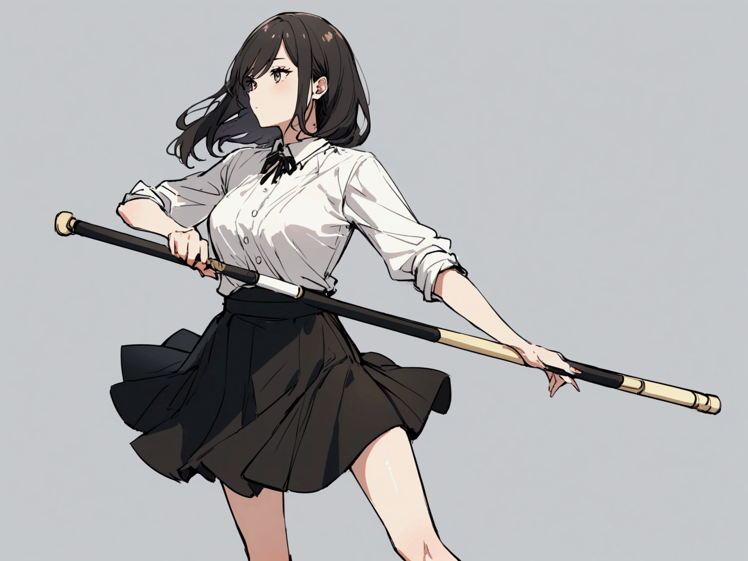 A woman holding a pool cue,Wearing a white shirt and black skirt,Black knee-length skirt