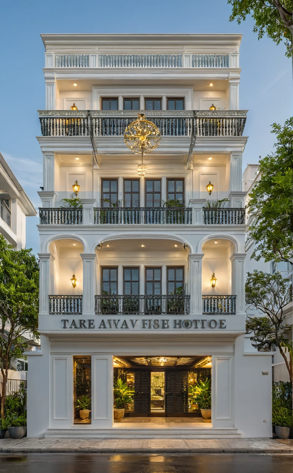 neo classical villa on street, (nightlight), tropical tree, vivid colour, streetcapes, white tone, white wall, large glass door, warm interior lighting, wood and marble, best quality, 20ArchiAI_XL_NeoTH-v2
