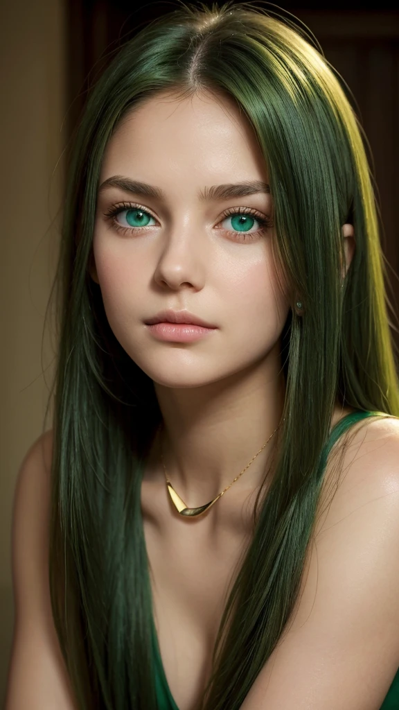 a girl.  face sent feeling.  Europe.  Oval face.  long face.  delicate facial features.  sad eyes.  seductively seductive.  green eyes.  long straight hair.  bouncy hair.  green hair like.  gold necklace around neck.  sad status.  shy expression