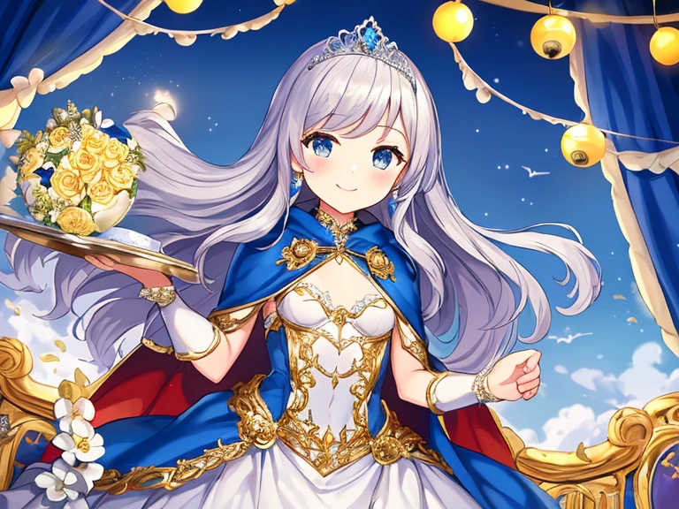 looking at viewer, upper body,(masterpiece),(best quality),(rococo style),(long train blue cape:1.15), very long cape,(long train white ball gown with flower decorations:1.1), a girl is wearing a cape over her gown, 1 little princess, tiara, smile, very long hair, small breasts