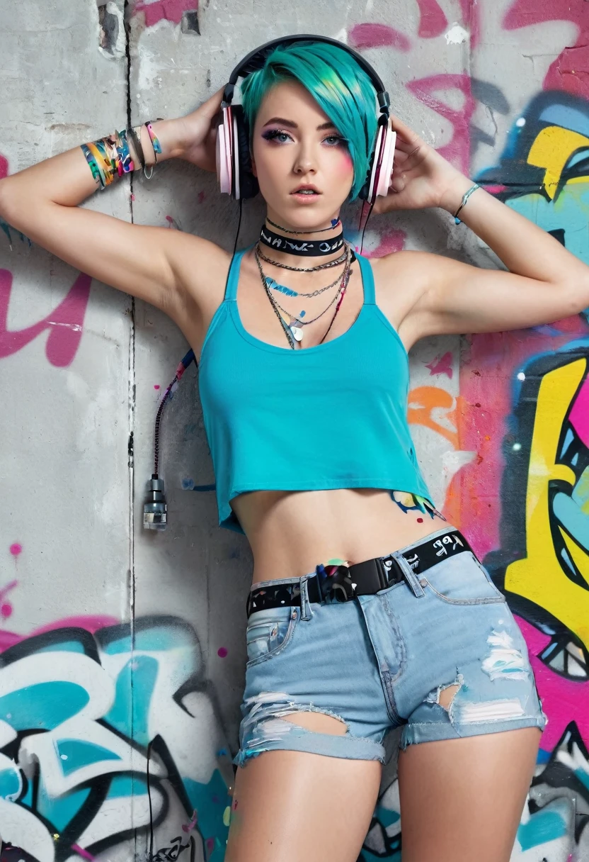 Masterpiece, Best quality, 1girl, solo, crop top, denim shorts, choker, (graffiti:1.5), paint splatter, arms behind back, against wall, looking at viewer, armband, thigh strap, paint on body, head tilt, bored, multicolored hair, aqua eyes, headset