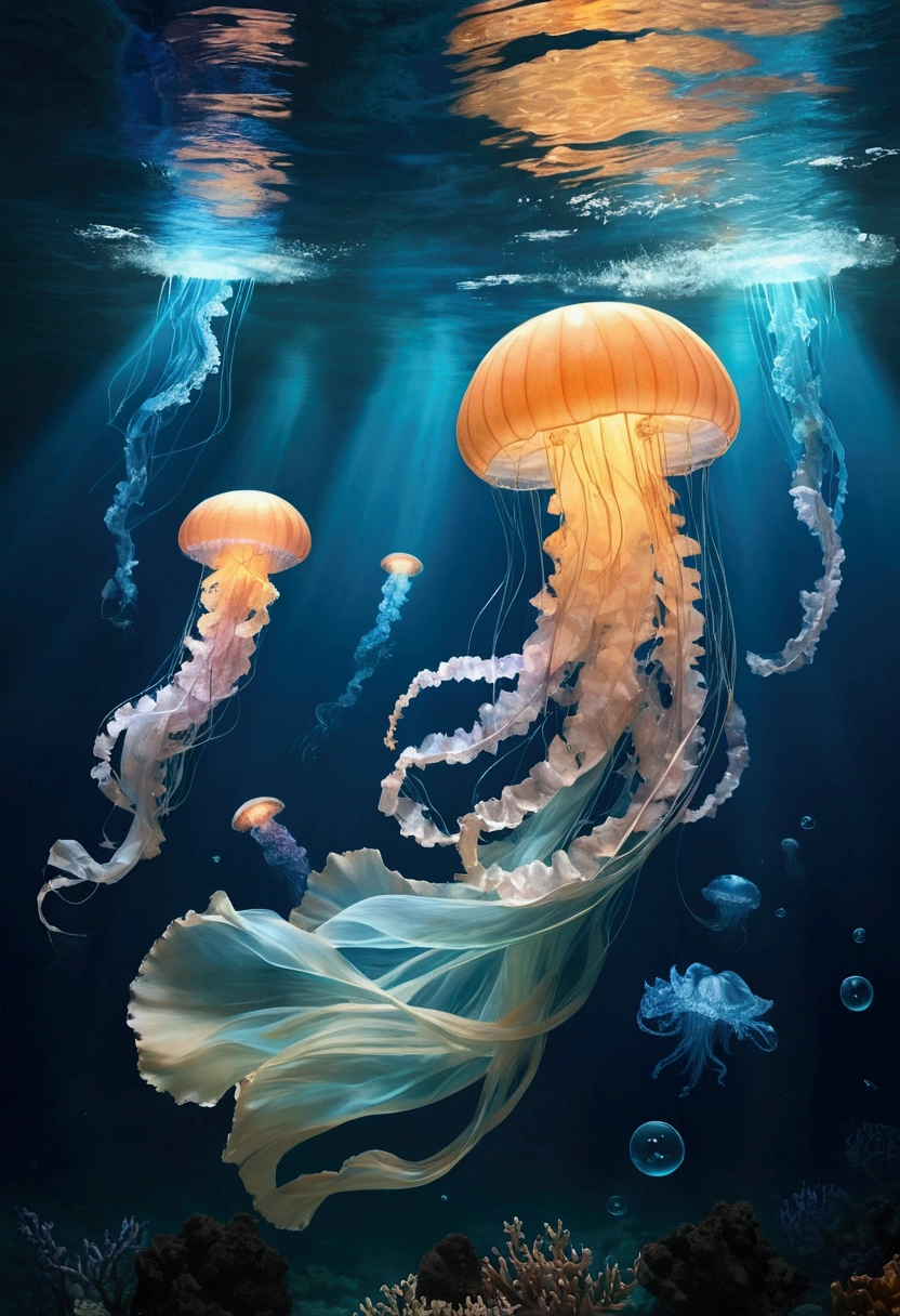 (masterpiece)、(Highest quality)、Very detailed、(In the water:1.4)、Ocean、Light、Bubble、jellyfish、Oceanの藻、(深Ocean:1.4)、Fantasy、Ocean底、Floating objects