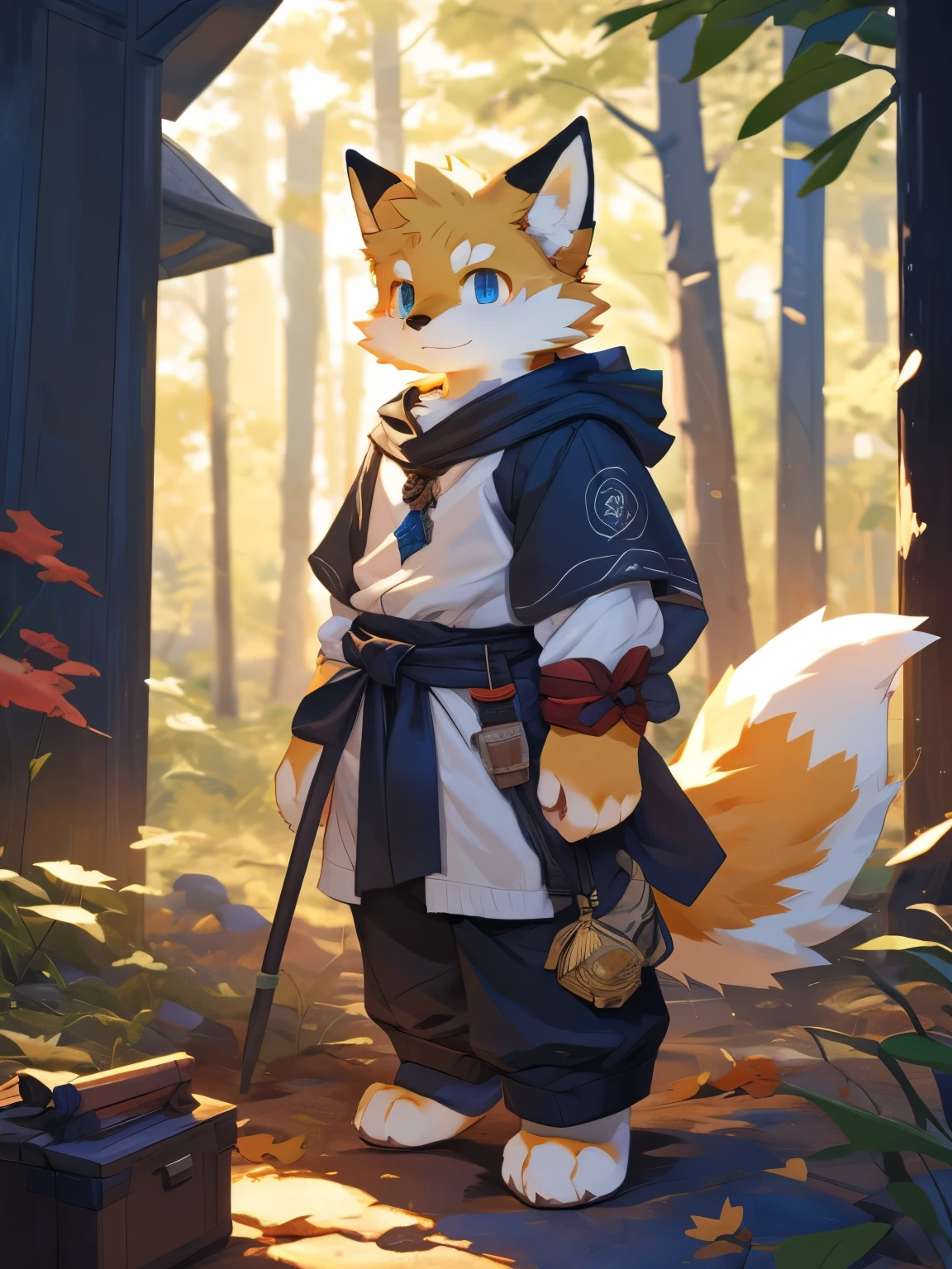nj5furry,kemono,full-length portrait,anthro,hi res,male,youth,fox,strong,Adventurer,Fluffy hair,White plush paw,A tail,Delicate eyes,Detailed eyes