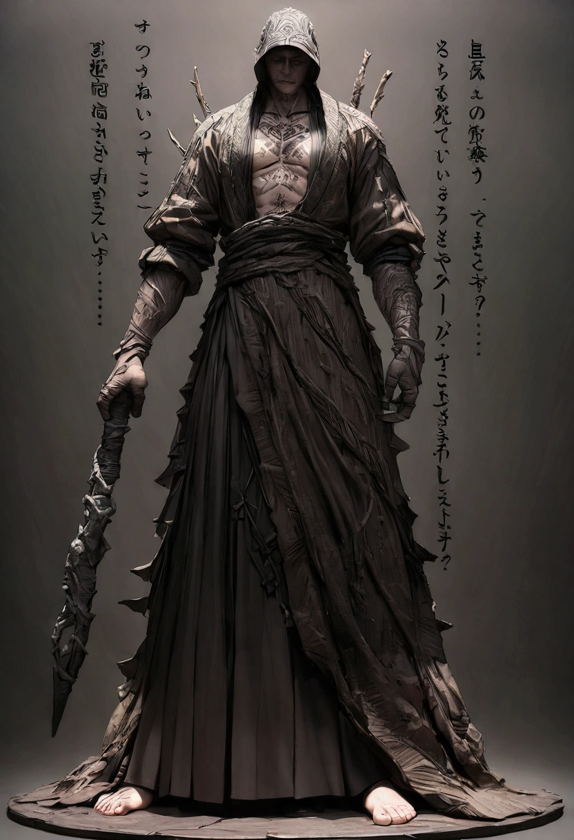 (masterpiece, best quality:1.2),soil，old，dirty， 3D Clay Sculpture Art，Rough surface，（1 boy，Baldhead，barefoot）Rough surface and texture，Clay Sculpture Art：1.37，(((Words on the body。Tattoo。There are text patterns on Hanfu，)))whole body，Extremely detailed,solitary，Clean background