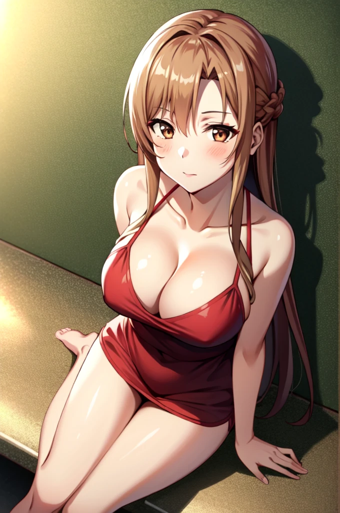 tall body, tall, long legs, mature female, mature, adult, simple background, indoors
Eft_sao_asuna, 1girl, long hair, asuna (sao), brown hair, solo, brown eyes, looking at viewer, braid, very long hair, blush, shiny skin, cleavage, masterpiece, from above, looking at viewer, downblouse, sitting at bench