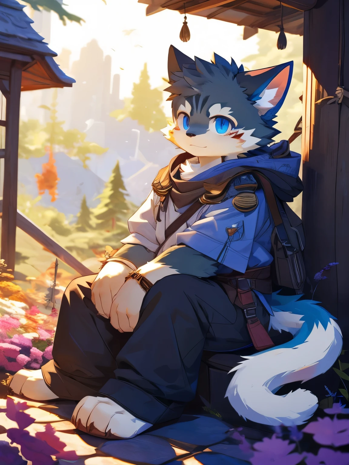 nj5furry，kemono，full-length portrait，anthro，hi res，male，youth，Pastoral cat，strong，Adventurer，Fluffy hair，White plush paw，A tail，Delicate eyes，Detailed eyes