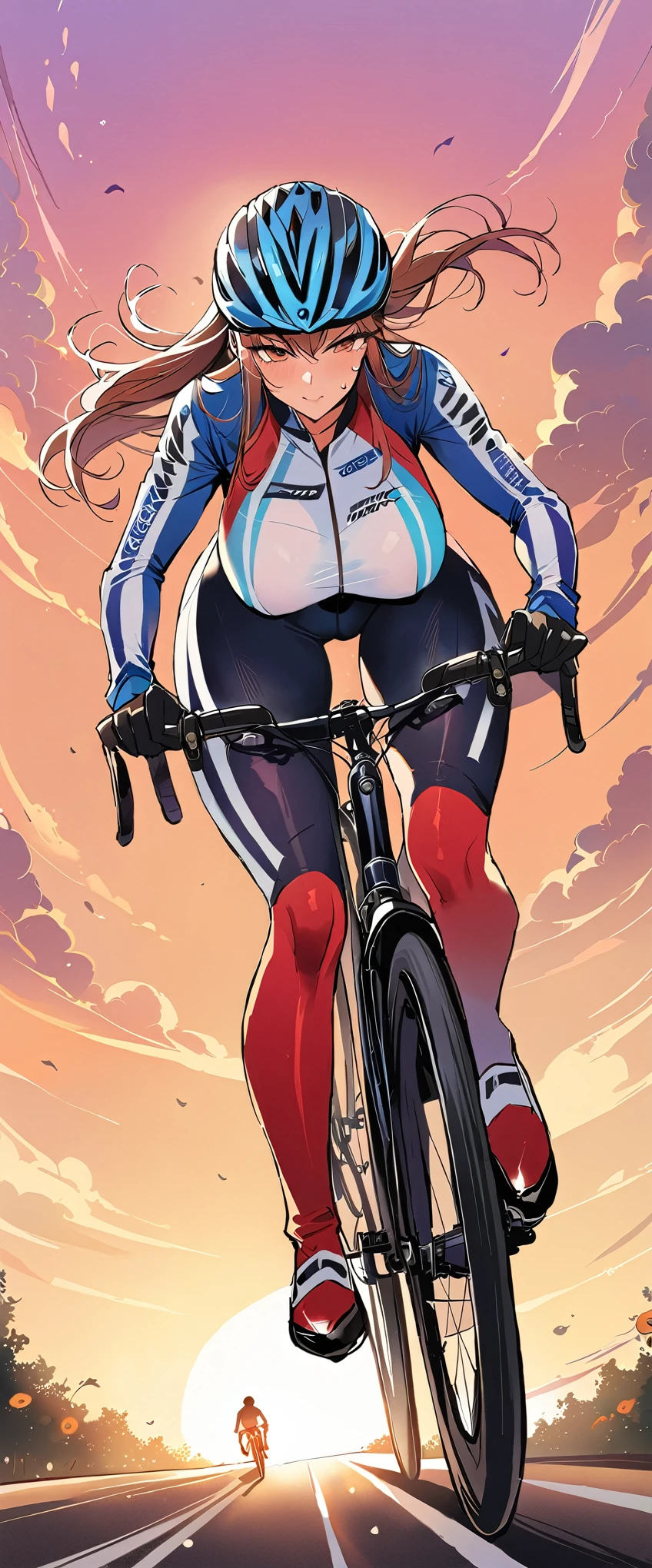 (masterpiece:1.2),(Highest quality),(Super detailed:1.2),(High resolution),(Highest quality),(An illustration),8k,wallpaper,Woman Riding a Bicycle,(Racing Suits),(Racing Gloves),(Big Breasts),(Thick thighs),(Dynamic depiction),(A detailed depiction of a bicycle),(Sweat),Sunset,(Hand,detailed,perfect,perfection,Hands),(riding bicycle)