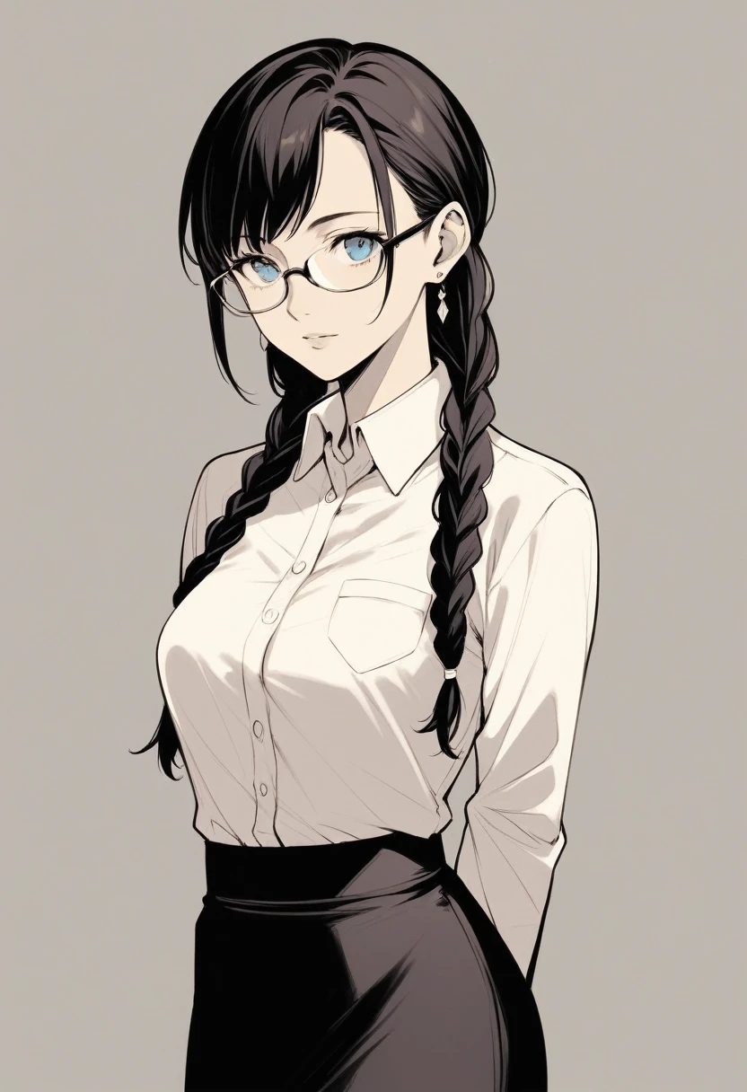 masterpiece,best quality,4K,8K,teenage,monochrome, crosshatching shading, manga art, 1girl,solo,arm behind back,arms at sides,looking at viewer, standing,dark hair, braids,earrings,blue eyes,glasses, collared shirt,long sleeves,black skirt, simple background, upper body,
