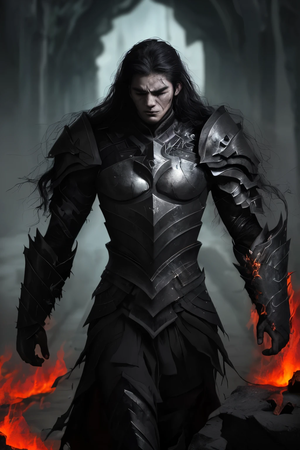 In the vastness of forgotten kingdoms, lives a lone warrior known only as Vorn. tall and slender, her night-long hair falls in black curls to her shoulders, a counterpoint to the pale skin that reflects her isolation in the shadows of life. Vorn wears armor as black as darkness itself, forged from a mysterious metal that appears to absorb the light around it.

His gaze is deep, penetrating the souls of those who dare to cross its path, carrying the weight of an ancient sadness and a dark knowledge that time cannot erase. The features of his face are marked by a virile beauty, but also along lines of worry and tiredness, highlighting a life consumed by intense and conflicting emotions.

Vorn is not just a physical warrior, but a master of the emotions that consume him. Anxiety keeps you alert, always on the lookout for real or imagined threats that may emerge from every corner. Anguish and deep sadness are your constant companions, reminding him of the irreparable losses that shaped his lonely existence.

the fear, intertwined with his anger and extreme hatred for life, are flames that burn inside him, fueling your determination to survive in a world where hope seems a distant concept. He does not trust easily and his fury manifests itself in moments of confrontation, transforming into a formidable warrior who faces his battles with immense ferocity.

Vorn carries the weight of his emotions like invisible armor, a burden that strengthens you as much as it imprisons you. He is a mystery to those who cross his path, a solitary figure whose presence evokes respect mixed with awe, for he represents not only a physical warrior, but also a guardian of the depths of the human soul.