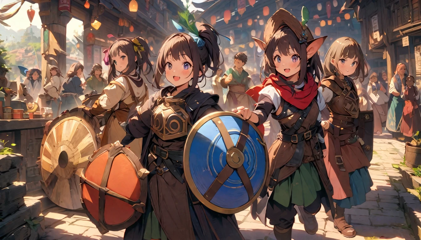 (masterpiece:1.4), (Highest quality:1.4), Very detailed, Complex, Very detailed, shape,Soft lighting, A bustling market in a magical city, More than one personで語り合う, Hopeful Face, smile, More than one person, Mixed gender, a group of adventurers, character from RPG games, (character: human, Fairy, Fairy, Dwarf, The Hobbit), (exterior: Swordsman Style, Shaman Style, Monk Style, Magician style), (belongings: Long sword, dagger, Holy Staff, Magic wand, shield, metal armor, Leather Armor), Perfectly accurate anatomical shape、All limbs intact、Perfect full finger, Colorful characters, A place to buy and sell mystical artifacts, Huge, Majestic, Uplifting expressions, みんなのsmileが素晴らしい.