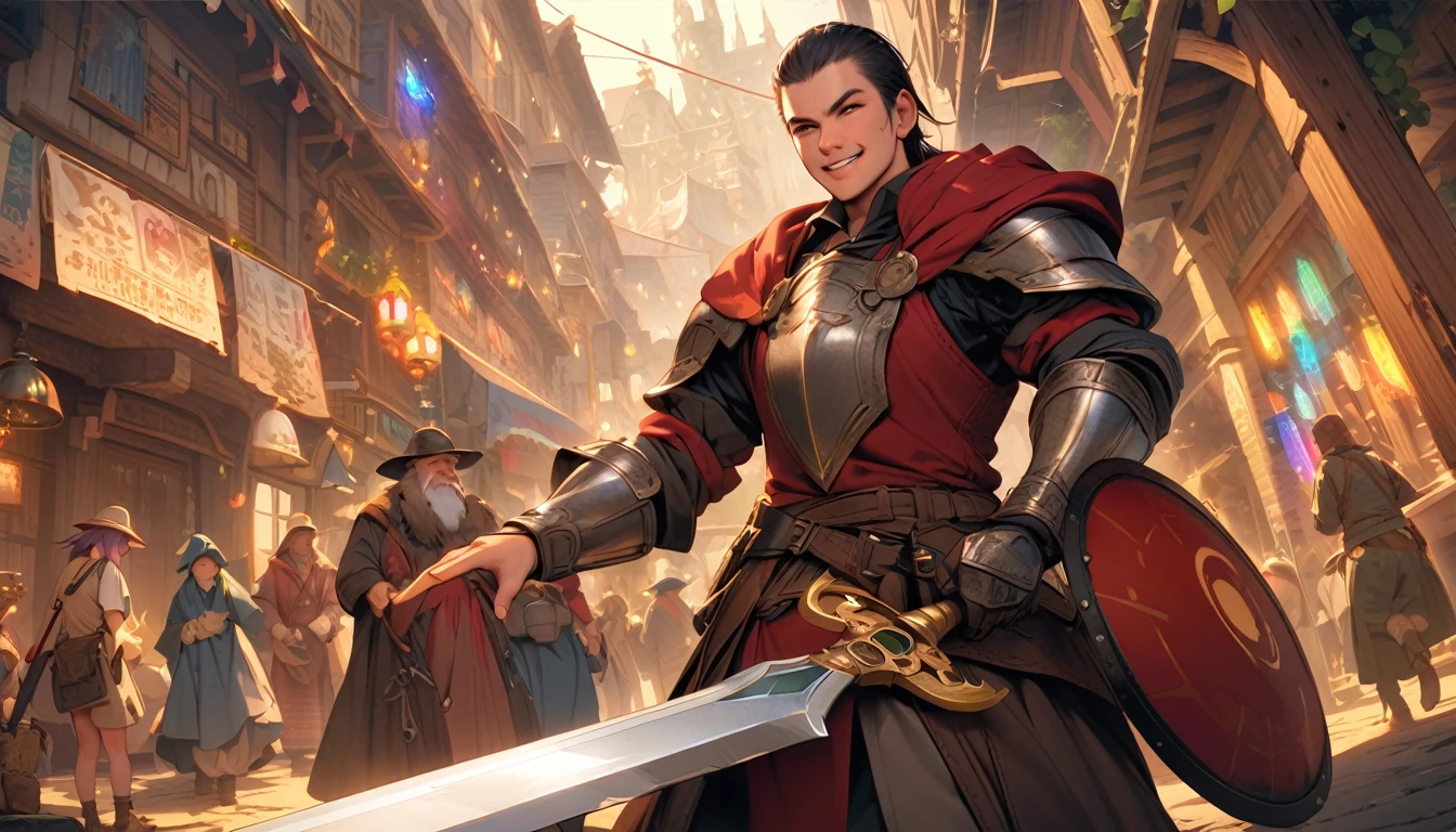 (masterpiece:1.4), (Highest quality:1.4), Very detailed, Complex, Very detailed, shape,Soft lighting, A bustling market in a magical city, More than one personで語り合う, Hopeful Face, smile, More than one person, Mixed gender, a group of adventurers, character from RPG games, (character: human, Fairy, Fairy, Dwarf, The Hobbit), (exterior: Swordsman Style, Shaman Style, Monk Style, Magician style), (belongings: Long sword, dagger, Holy Staff, Magic wand, shield, metal armor, Leather Armor), Perfectly accurate anatomical shape、All limbs intact、Perfect full finger, Colorful characters, A place to buy and sell mystical artifacts, Huge, Majestic, Uplifting expressions, みんなのsmileが素晴らしい.