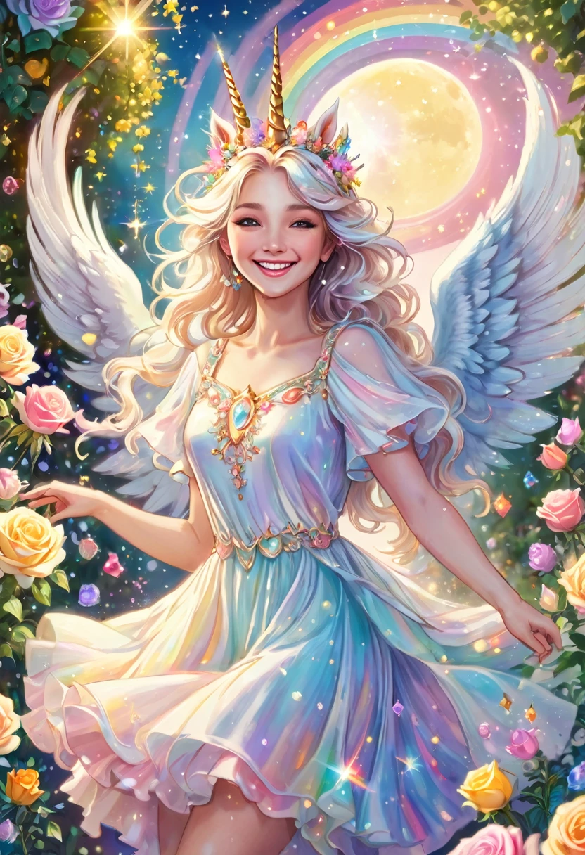 close-up, A beautiful angel girl is dancing white unicorn, smiling, surrounded by crowns and jewels, in a pastel colored dress, in a garden of pastel colored roses, smiling, joyful, rainbow light, integration of the moon and the sun, milkyway