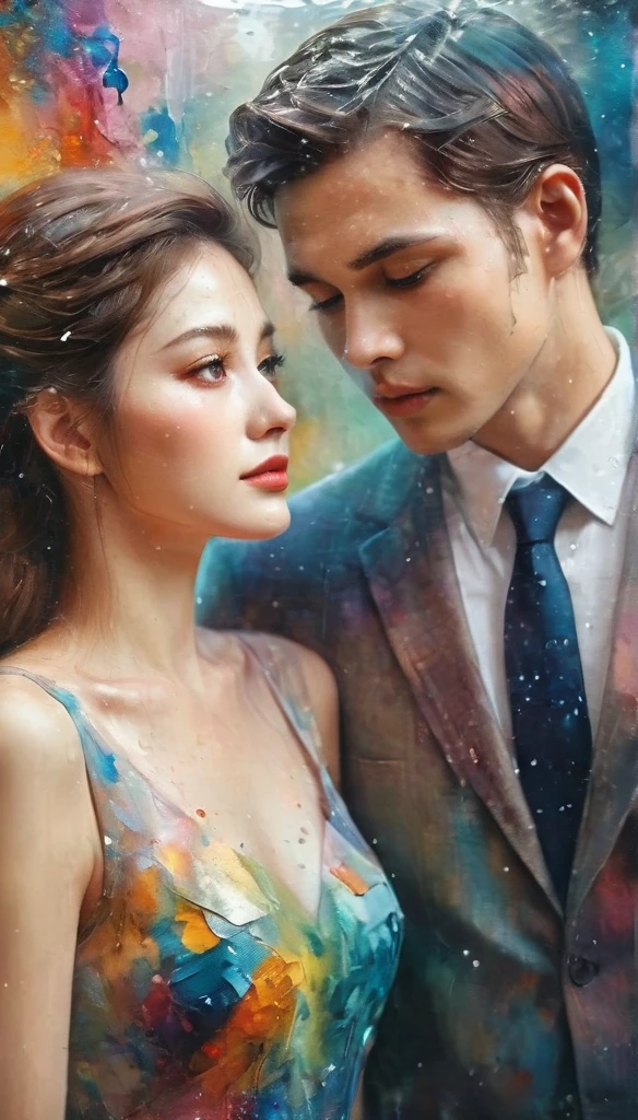 Couple looking at each other，Dreamy and colorful，Ultra high definition skin texture，Half watercolor style half oil painting style，Transparency，elegant，sad，tears