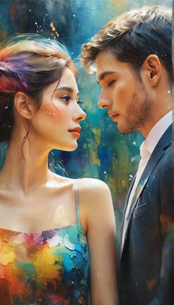 Couple looking at each other,Dreamy and colorful,Ultra high definition skin texture,Half watercolor style half oil painting style,Transparency,elegant,sad,tears